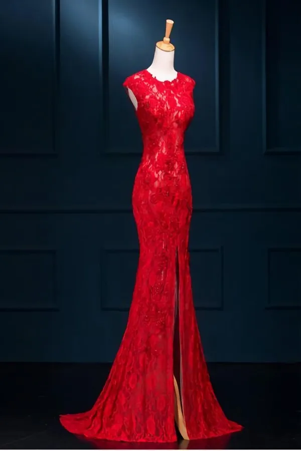 Lace Mermaid Slit Wedding Party Dress, Charming Formal Gown
