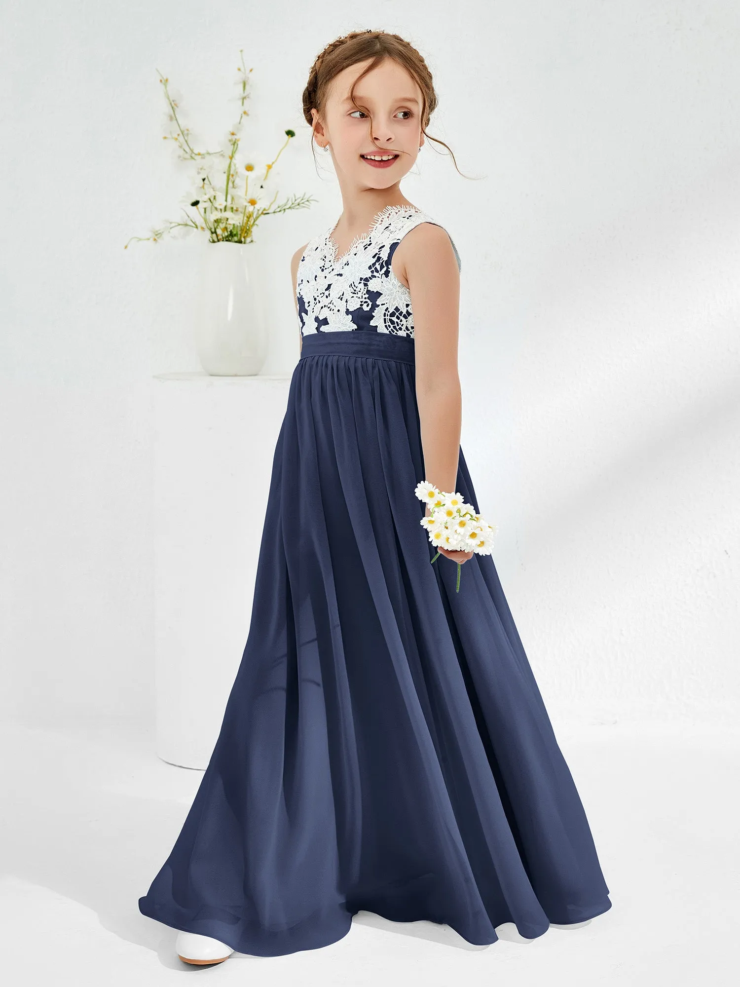 Lace Top Junior Bridesmaid Dresses Dark Navy
