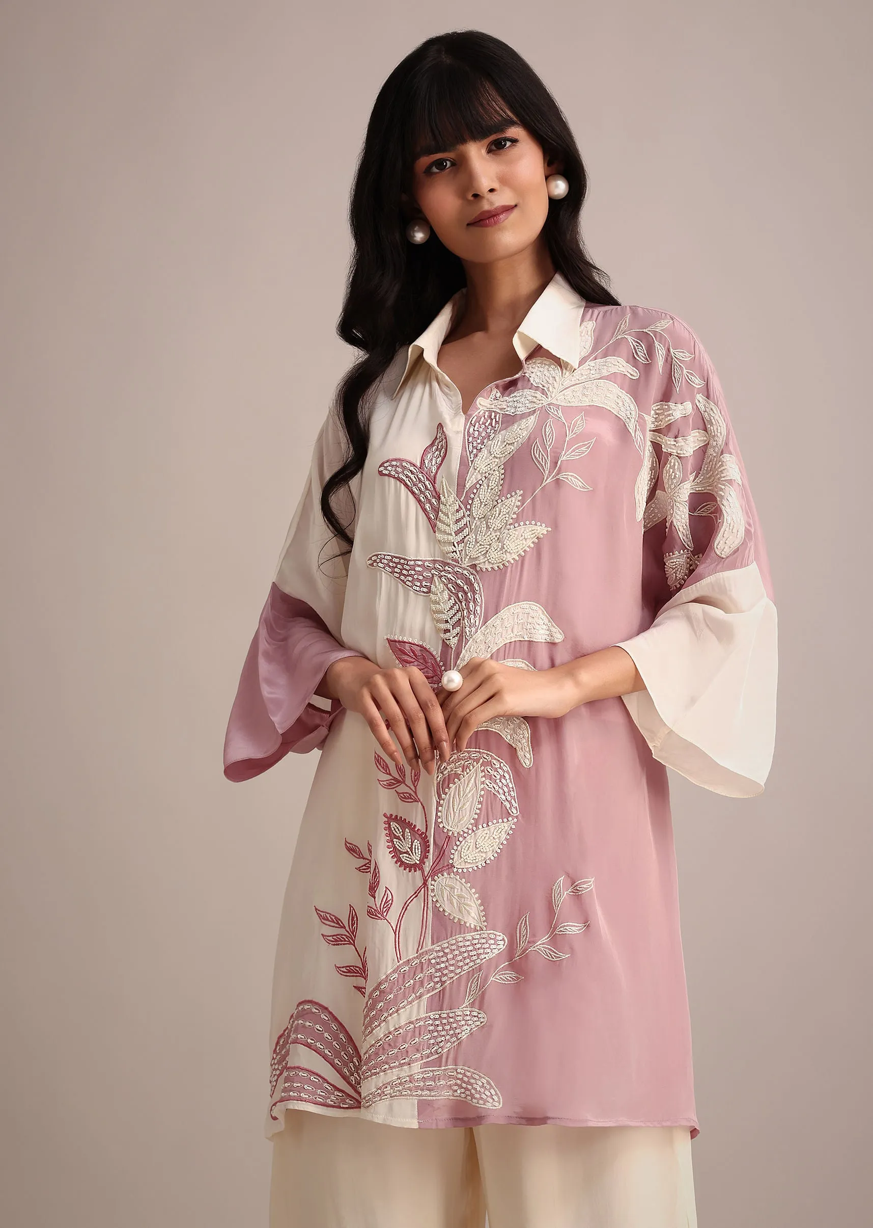 Lavender And Cream Colour Block Crepe Embroidered Kurta Pant