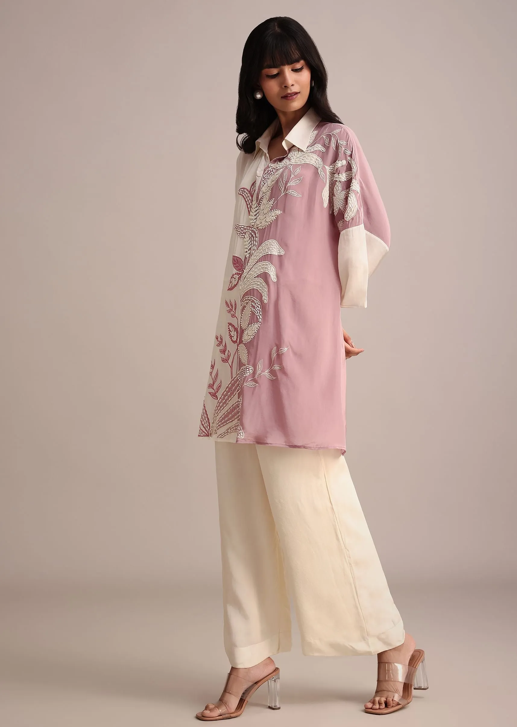 Lavender And Cream Colour Block Crepe Embroidered Kurta Pant