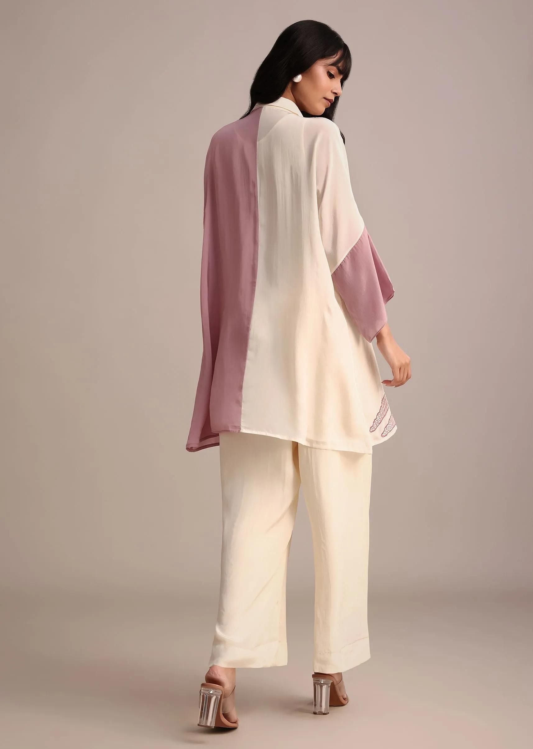 Lavender And Cream Colour Block Crepe Embroidered Kurta Pant