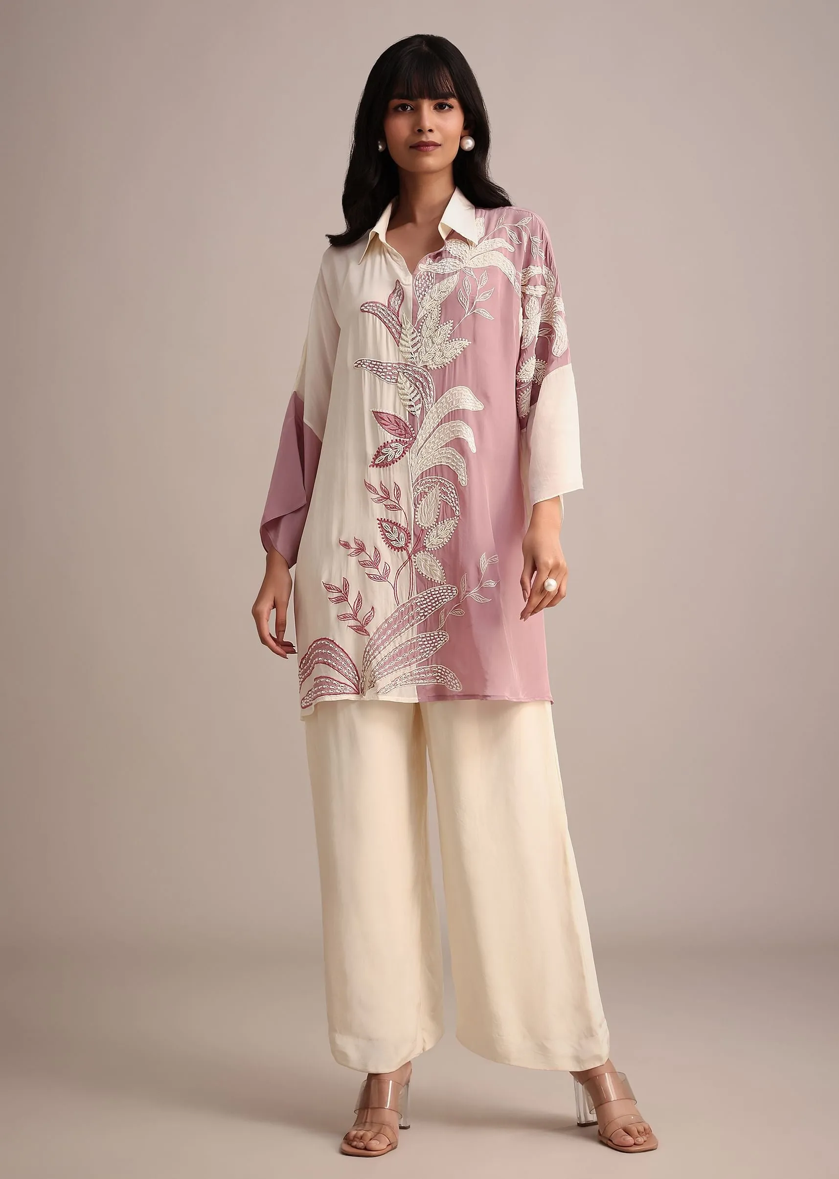 Lavender And Cream Colour Block Crepe Embroidered Kurta Pant