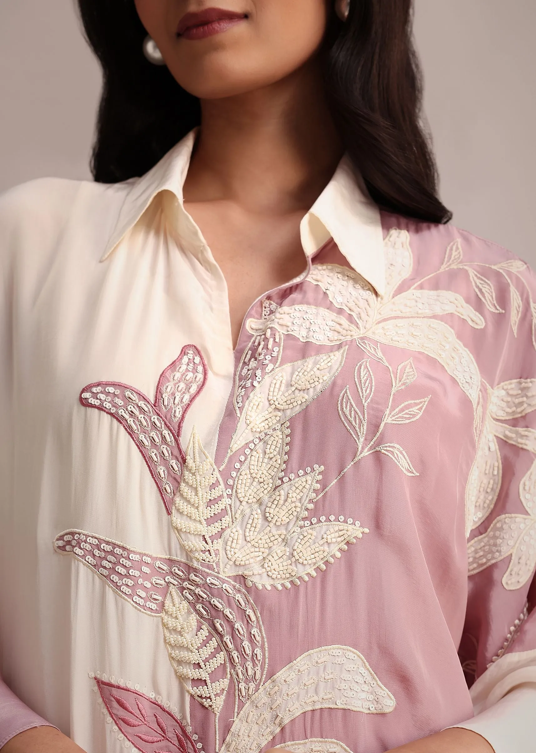 Lavender And Cream Colour Block Crepe Embroidered Kurta Pant
