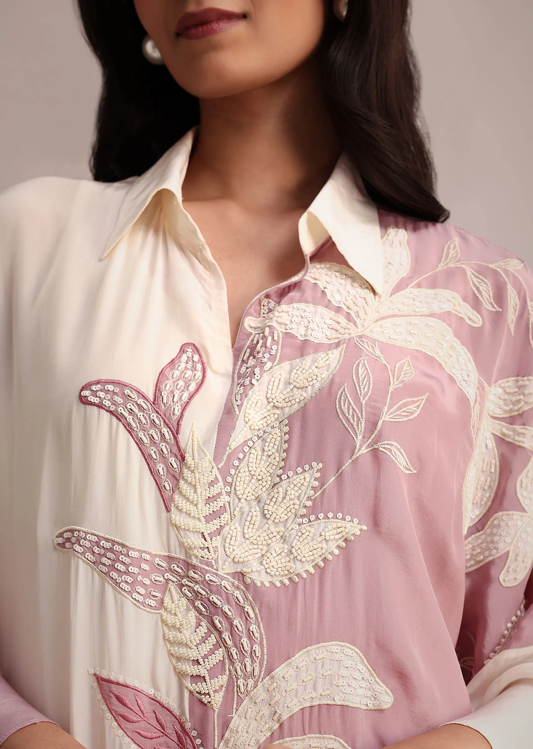 Lavender And Cream Colour Block Crepe Embroidered Kurta Pant