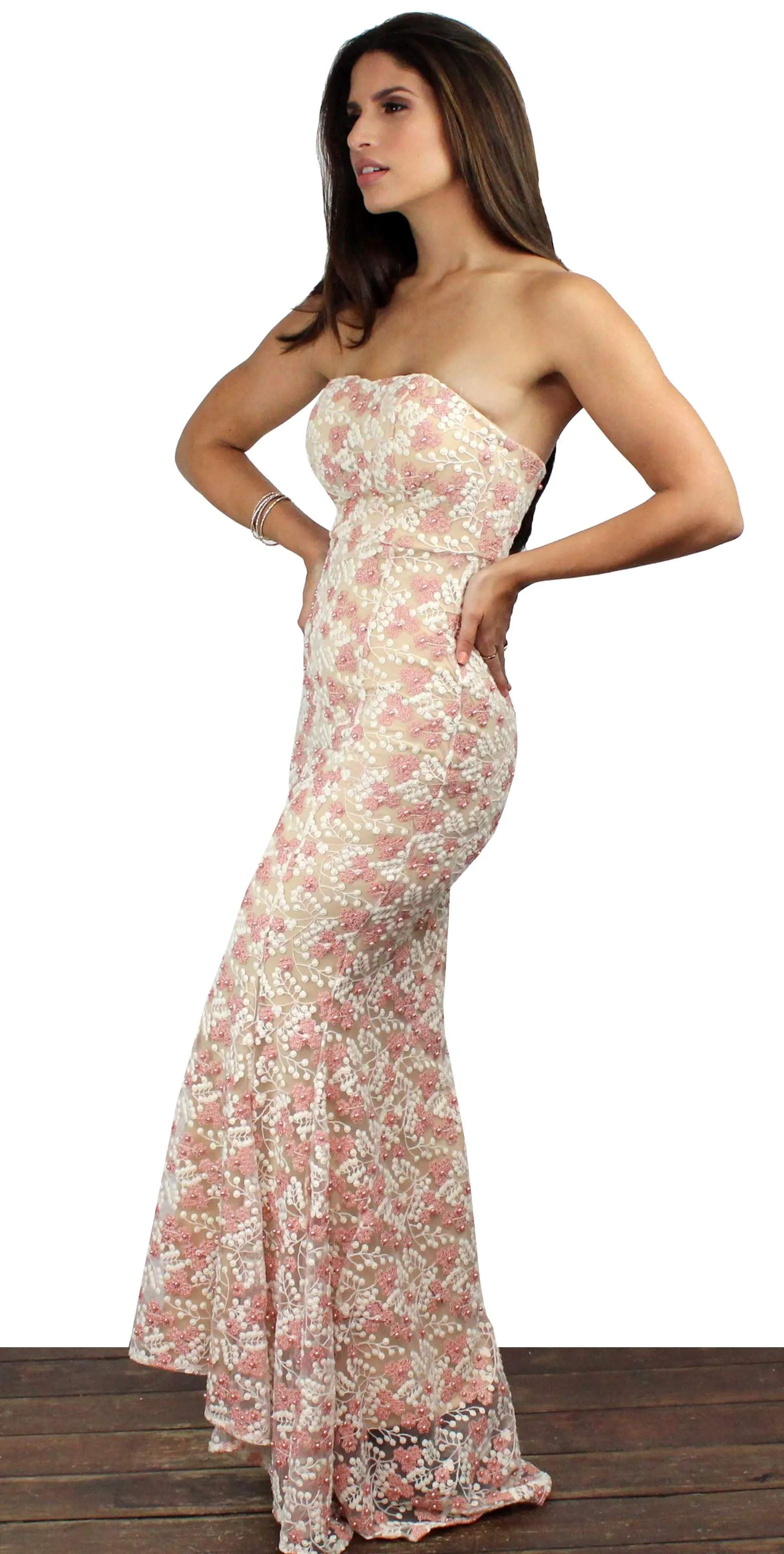 Lovely Still Strapless Pearls Formal Gown