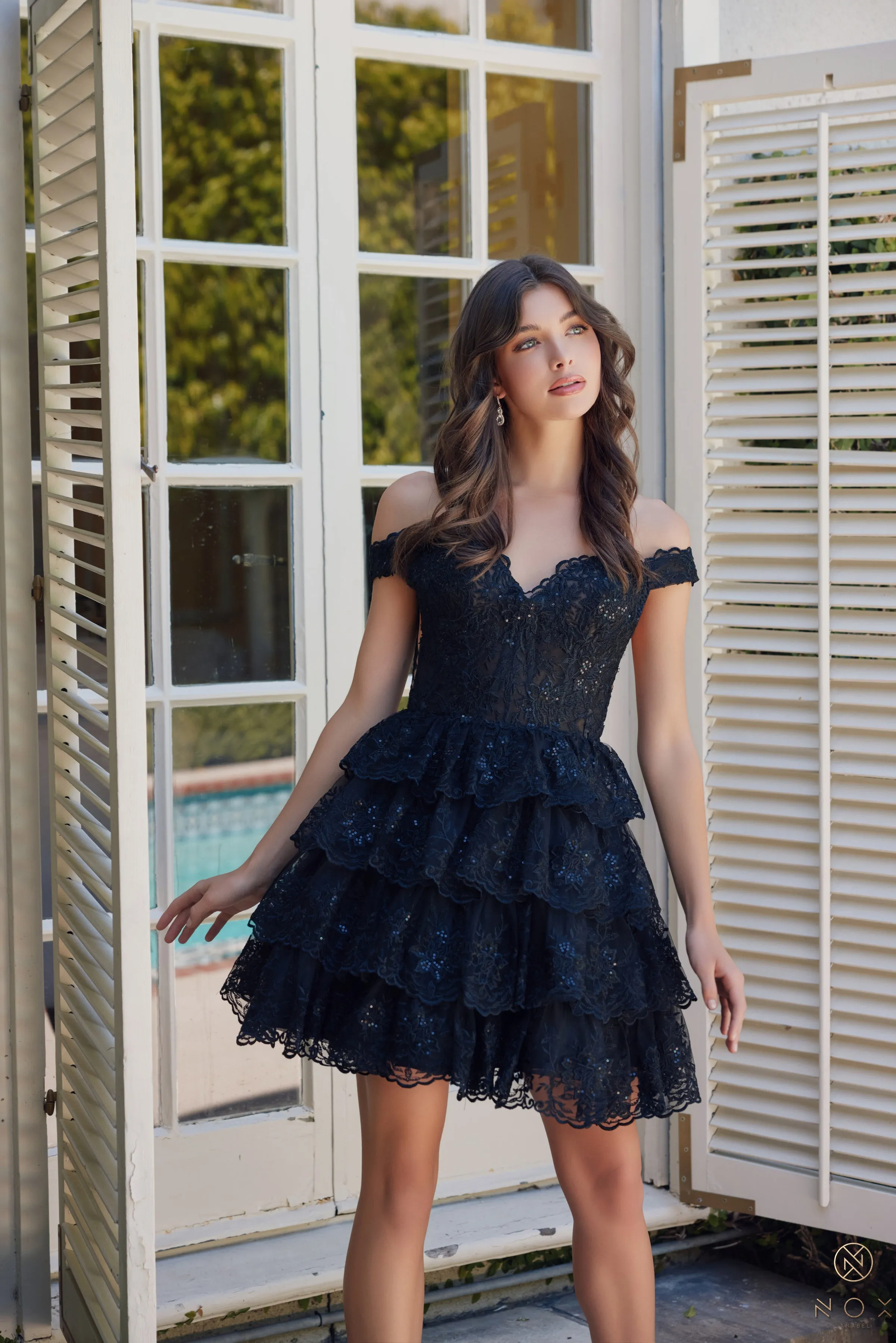 Nox Anabel R877 Off Shoulder Lace Applique Tiered Short Dress