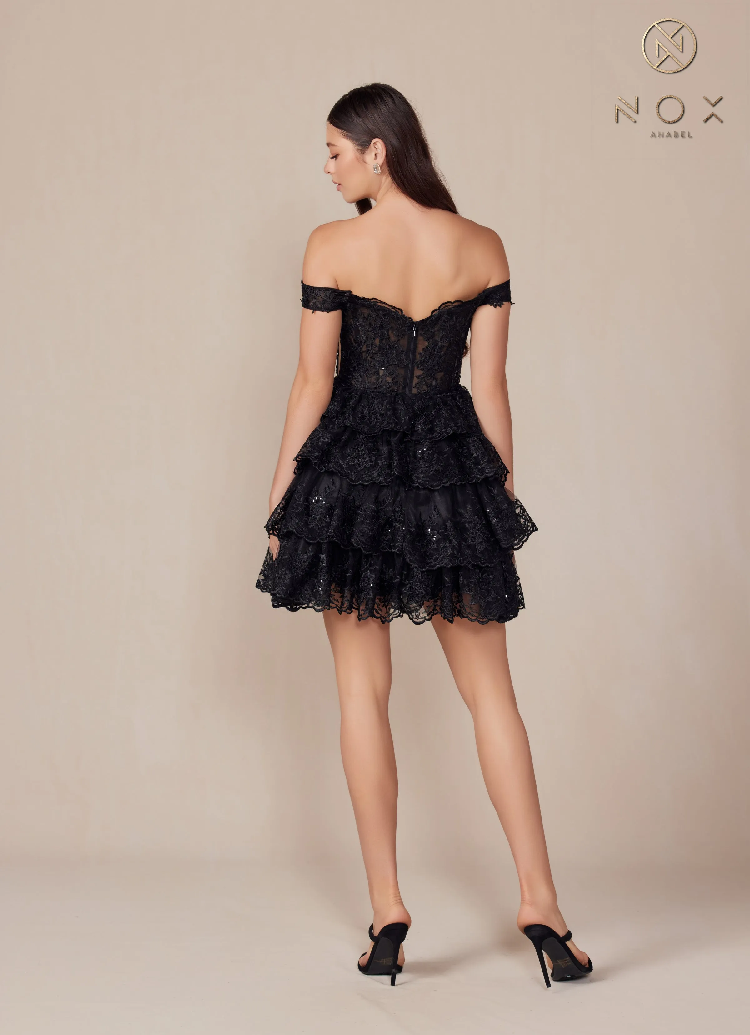 Nox Anabel R877 Off Shoulder Lace Applique Tiered Short Dress