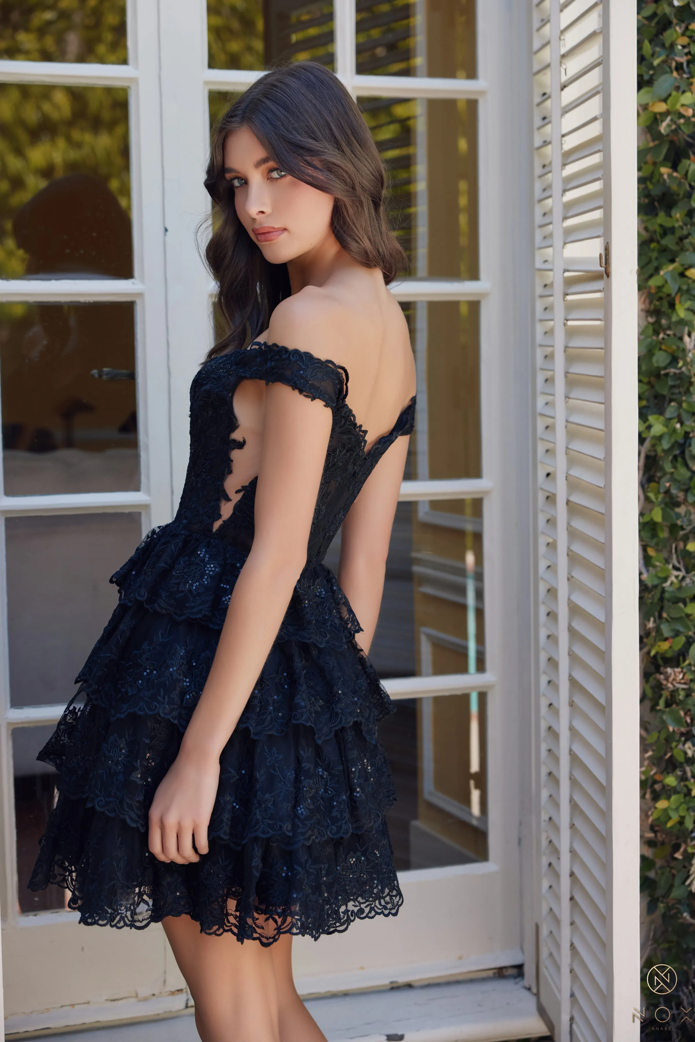 Nox Anabel R877 Off Shoulder Lace Applique Tiered Short Dress