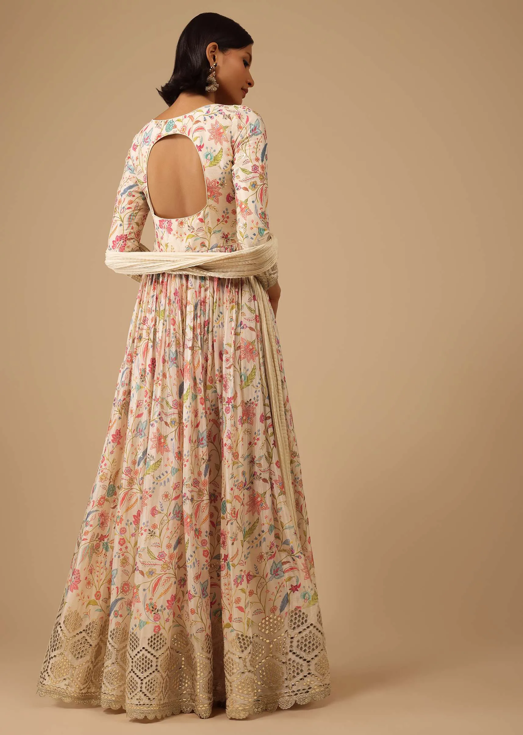 Off White Chinon Anarkali Suit Set With Floral Print And Flare