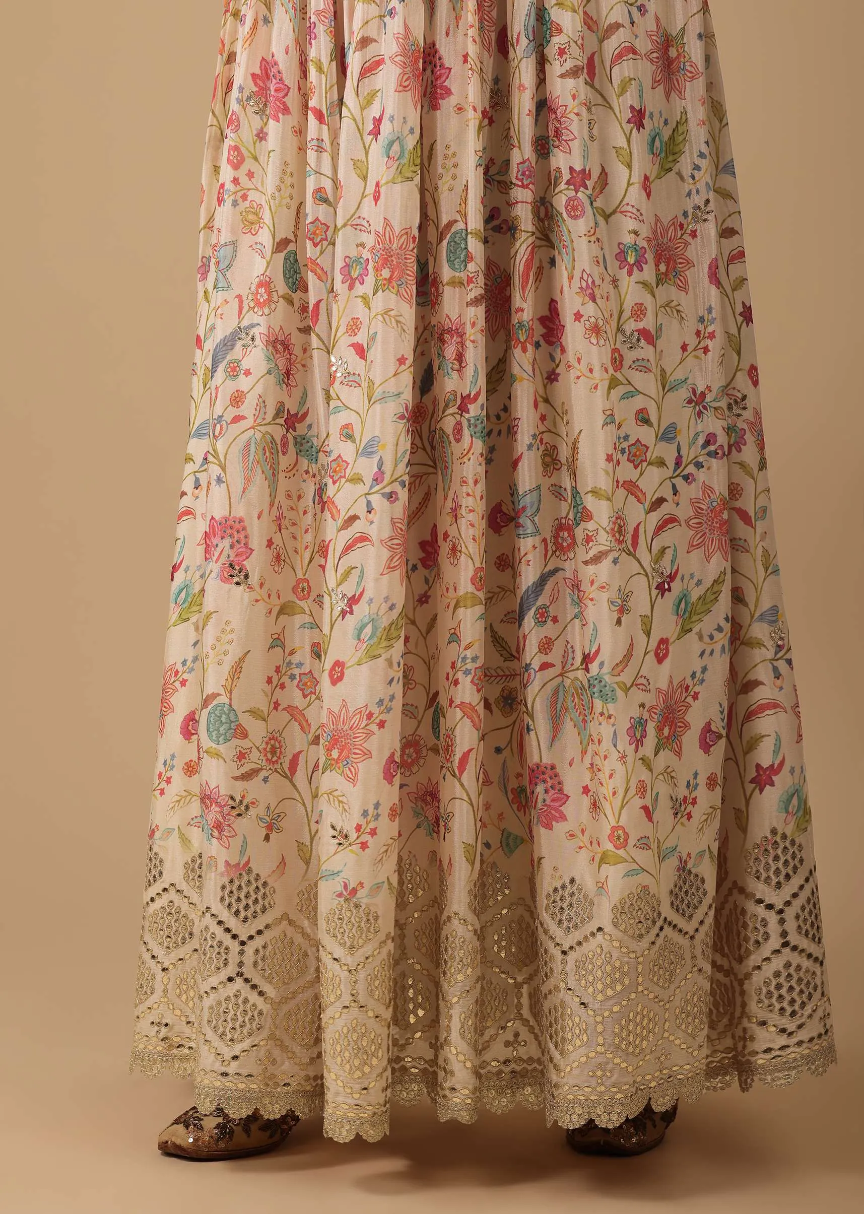 Off White Chinon Anarkali Suit Set With Floral Print And Flare