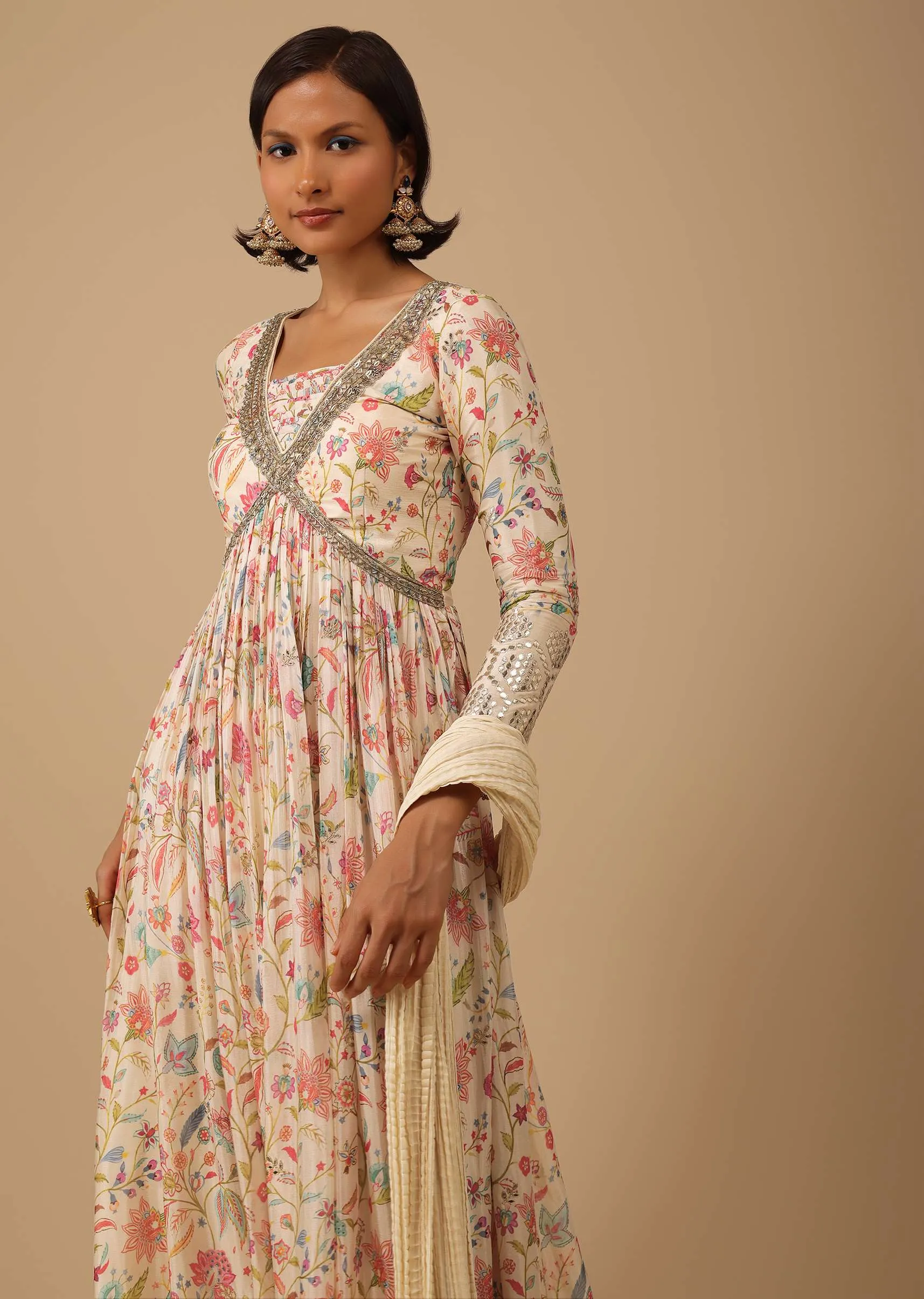 Off White Chinon Anarkali Suit Set With Floral Print And Flare
