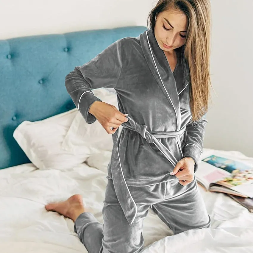 Wenkouban Velvet Warm Pajamas For Women Bathrobe Female Set Solid Pocket Long Sleeves Nightgowns Women Clothing Sleepwear Casual Robe Sets