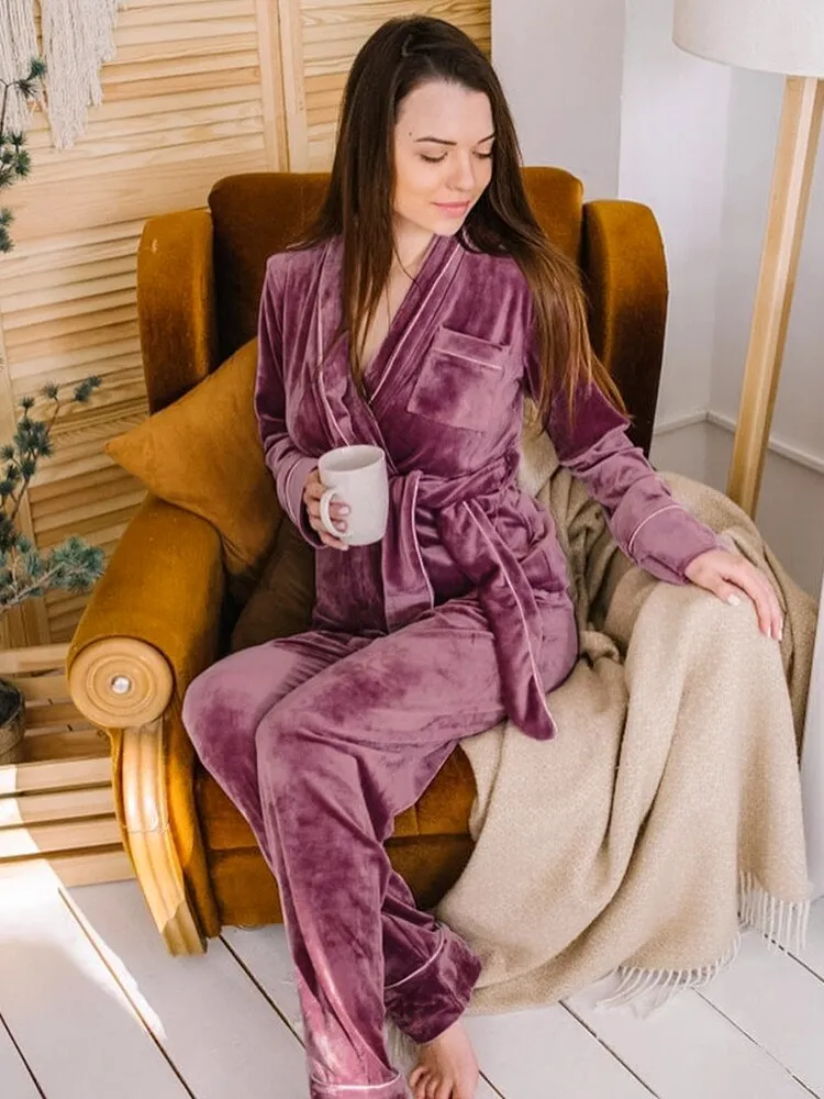 Wenkouban Velvet Warm Pajamas For Women Bathrobe Female Set Solid Pocket Long Sleeves Nightgowns Women Clothing Sleepwear Casual Robe Sets