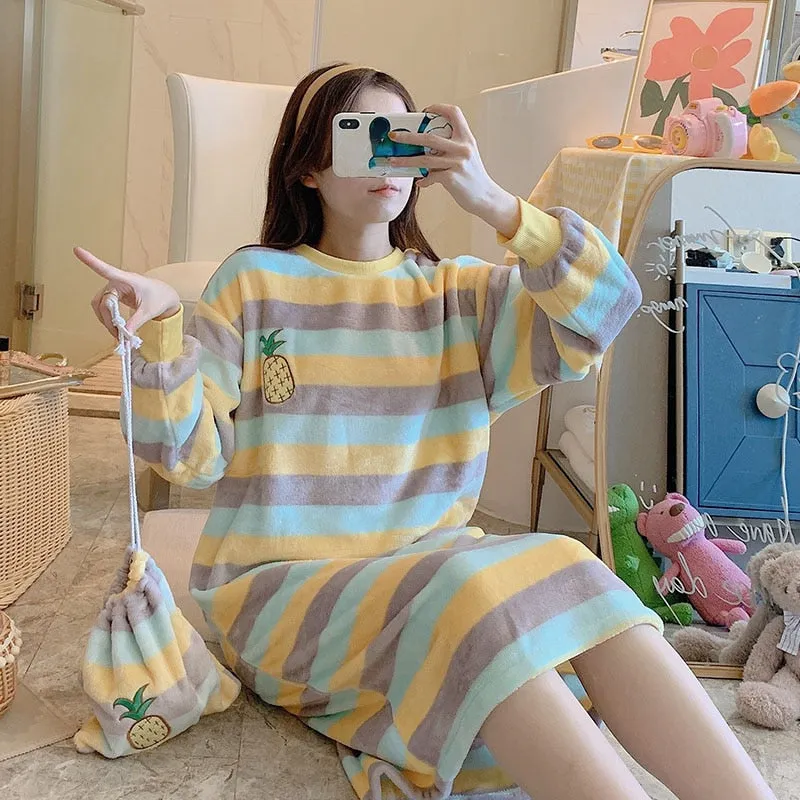 Wjczt Young Girl Warm Flannel Nightdress Long Sleeve Autumn Winter Nightgowns & Sleepshirts Women Sleepwear Shirt Home Wear Clohtes