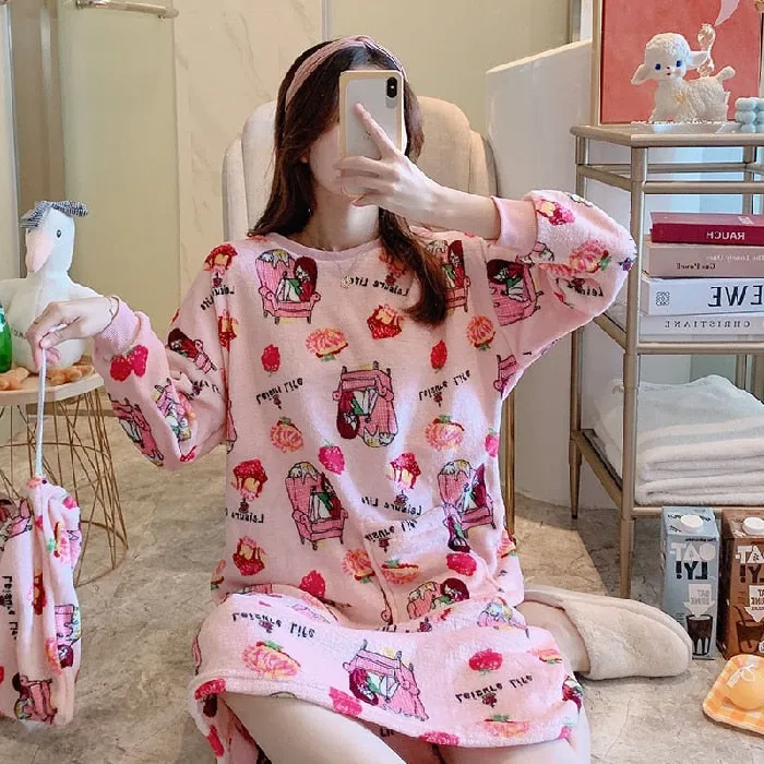 Wjczt Young Girl Warm Flannel Nightdress Long Sleeve Autumn Winter Nightgowns & Sleepshirts Women Sleepwear Shirt Home Wear Clohtes