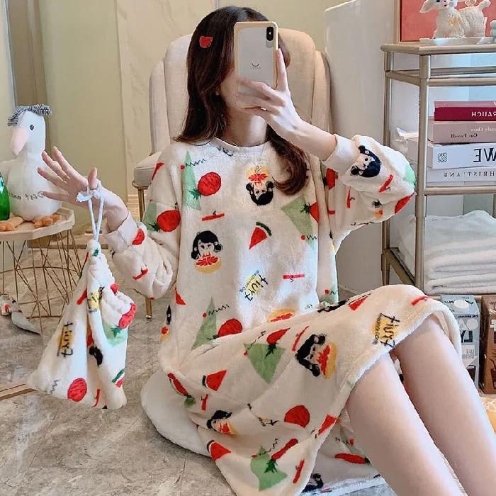 Wjczt Young Girl Warm Flannel Nightdress Long Sleeve Autumn Winter Nightgowns & Sleepshirts Women Sleepwear Shirt Home Wear Clohtes