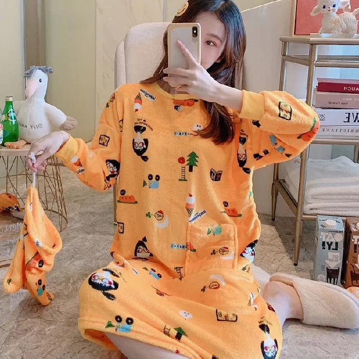 Wjczt Young Girl Warm Flannel Nightdress Long Sleeve Autumn Winter Nightgowns & Sleepshirts Women Sleepwear Shirt Home Wear Clohtes