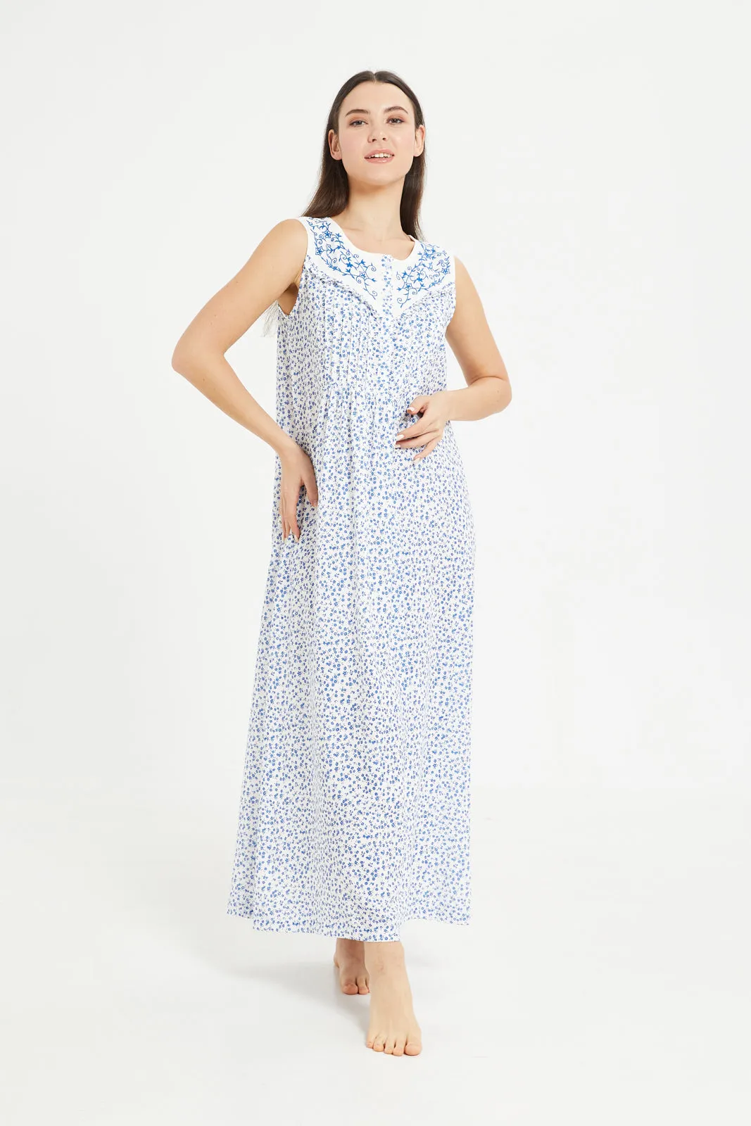 Women Blue Embroidery Nightgown