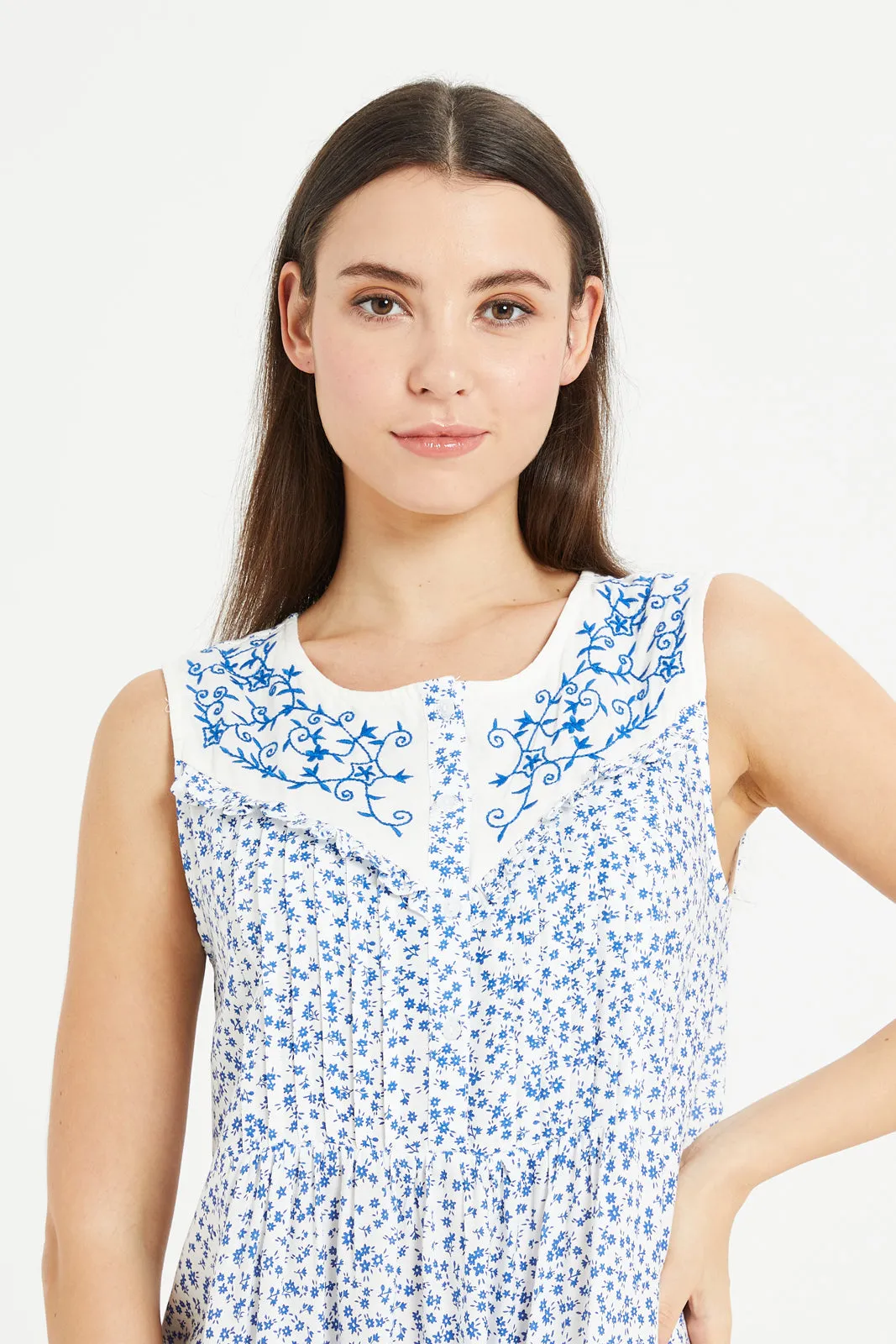 Women Blue Embroidery Nightgown