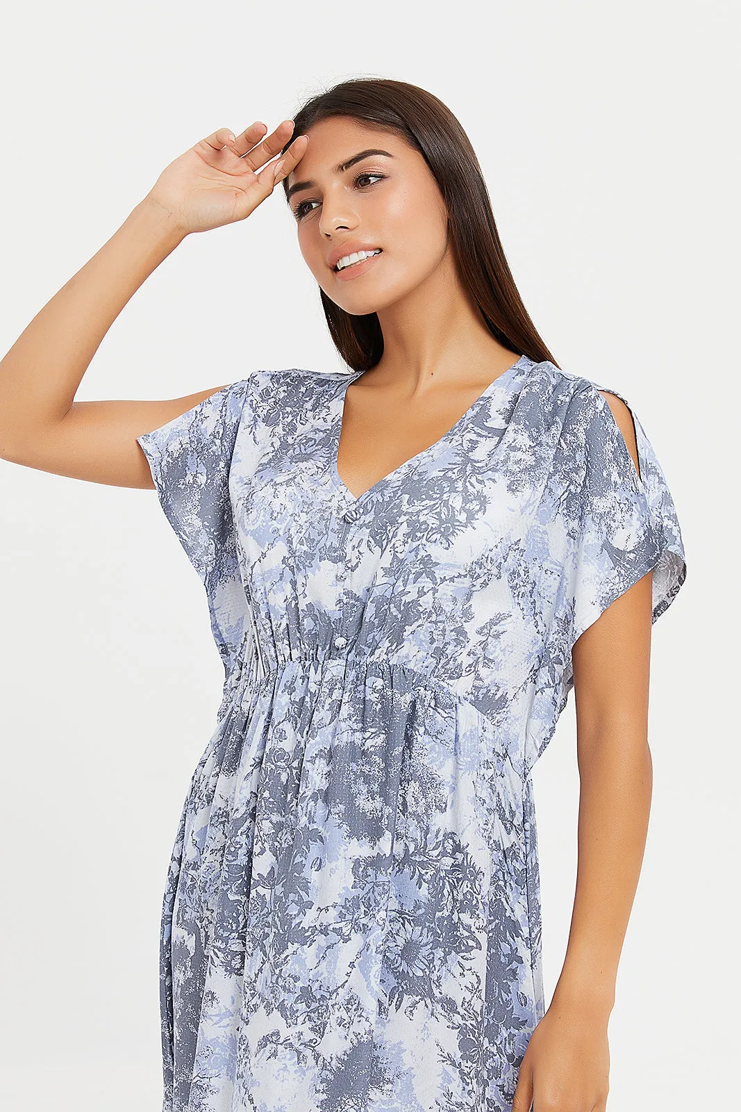 Women Grey Printed Dobby Nightgown