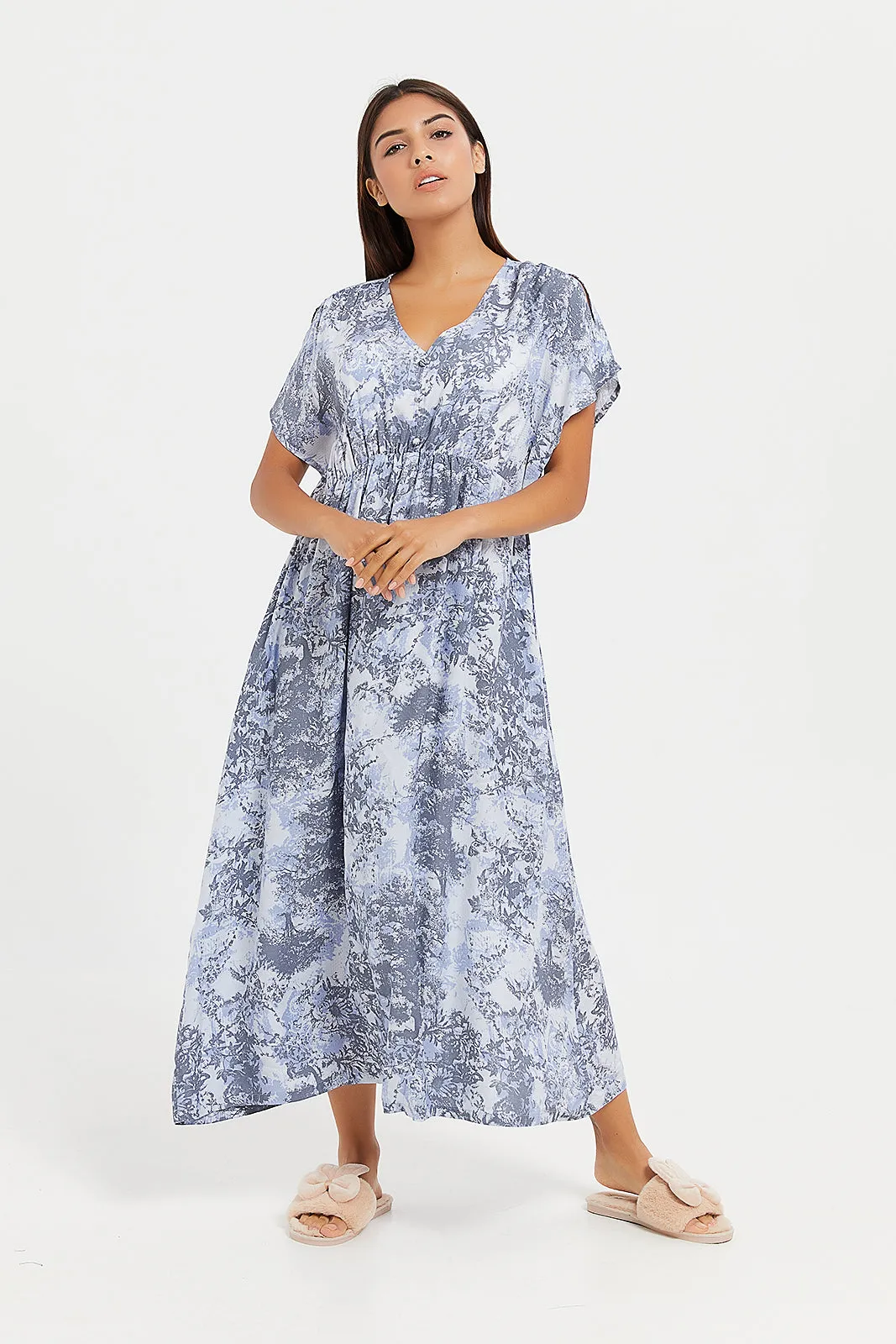 Women Grey Printed Dobby Nightgown