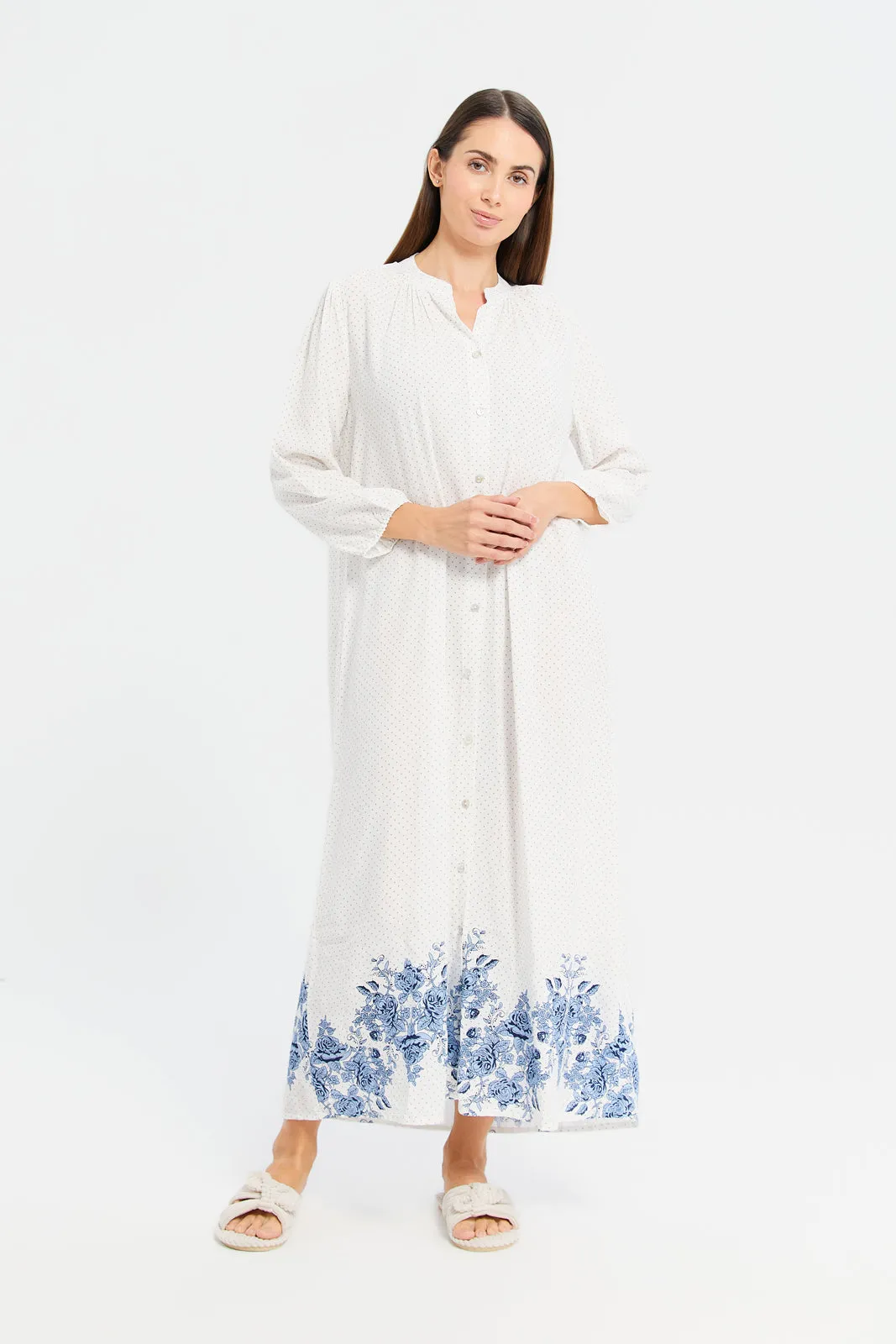 Women Ivory Buttoned Nightgown