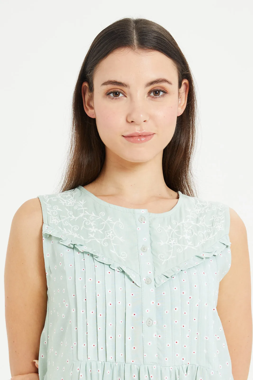 Women Mint Embroidery Nightgown