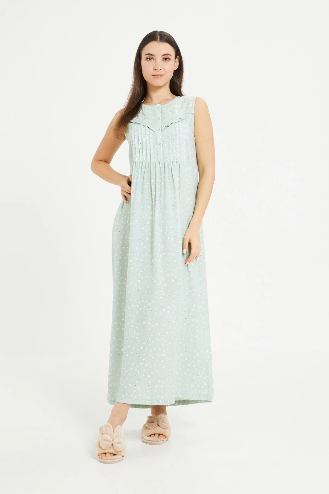 Women Mint Embroidery Nightgown
