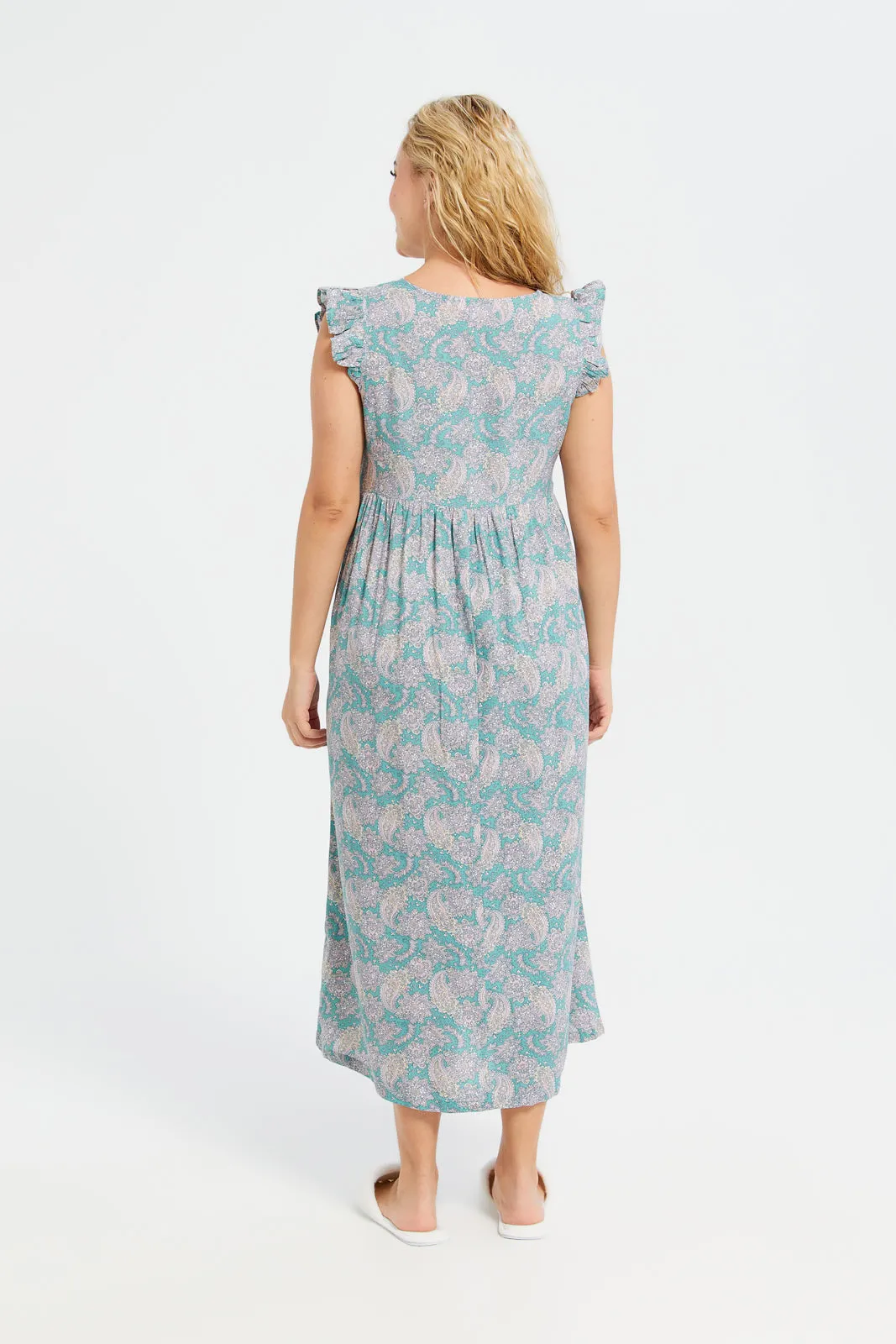 Women Teal Frilled Sleeves Nightgown