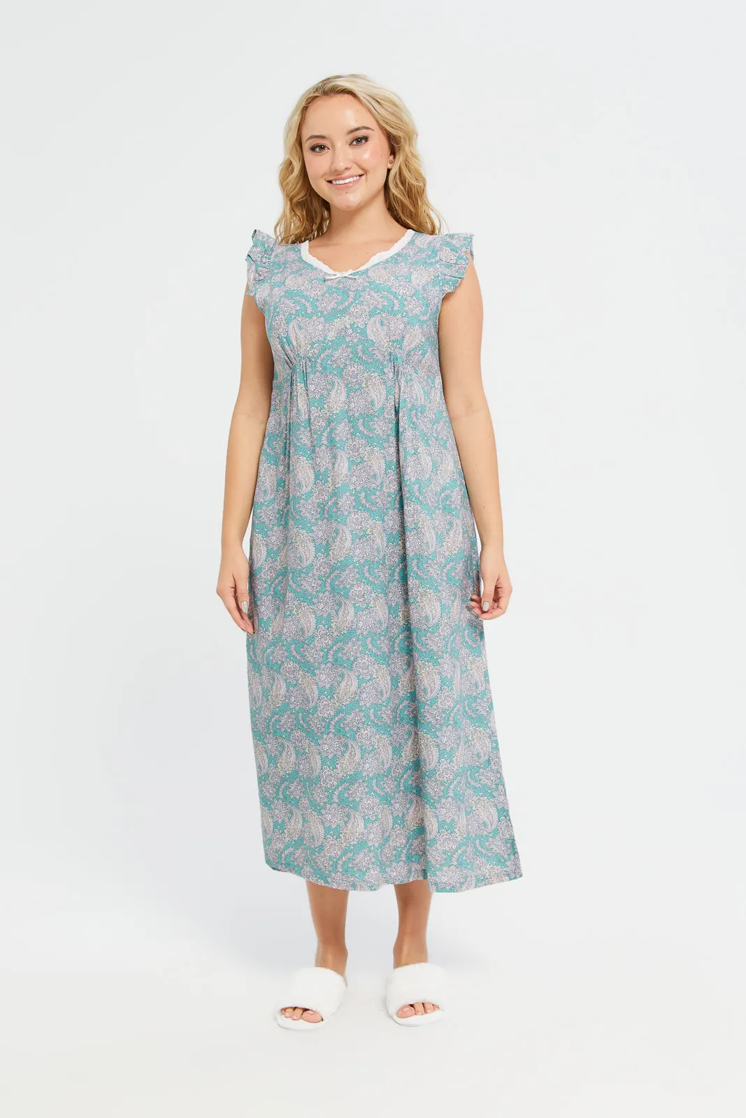 Women Teal Frilled Sleeves Nightgown