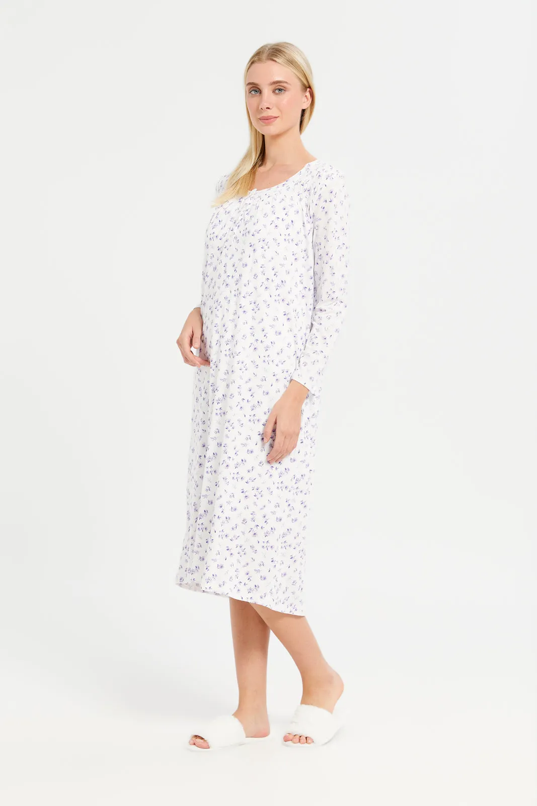 Women White Printed Nightgown
